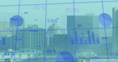 Şehir manzarası üzerinde finansal veri işleme resmi. Küresel iş, finans ve dijital arayüz kavramı dijital olarak oluşturulmuş görüntü.