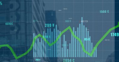 Şehir manzarası üzerinde veri işleme resmi. küresel iş ve dijital arayüz kavramı dijital olarak oluşturulmuş görüntü.