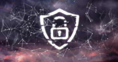 Asma kilit üzerinde hareket eden şekiller. Küresel iş ve dijital arayüz kavramı dijital olarak oluşturulmuş görüntü.