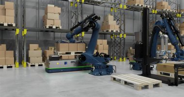 Depoda çalışan robot ve dronların görüntüleri. Küresel yapay zeka nakliyesi, dağıtım ve lojistik konsepti dijital olarak oluşturuldu.