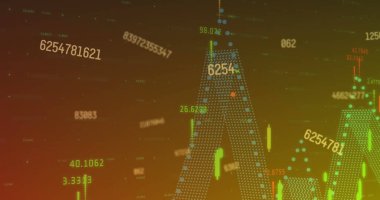 Değişen sayılar ve turuncu gradyan üzerinde finansal veri işleme görüntüsü. Küresel finans ve iş veri teknolojisi kavramı