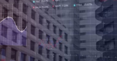 Şehir manzarası üzerinde finansal veri işleme resmi. Küresel iş, finans ve dijital arayüz kavramı dijital olarak oluşturulmuş görüntü.