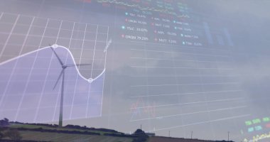Finansal verilerin görüntüsü ve rüzgar türbinleriyle manzara üzerinde grafikler. Ekoloji, yeşil enerji, eko güç, finans ve ekonomi kavramı dijital olarak oluşturulmuş imaj.