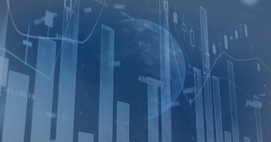 Mavi arkaplanda dünya ile istatistiksel veri işleme üzerinden rakamları değiştirme görüntüsü. Küresel ağ ve iş veri teknolojisi kavramı