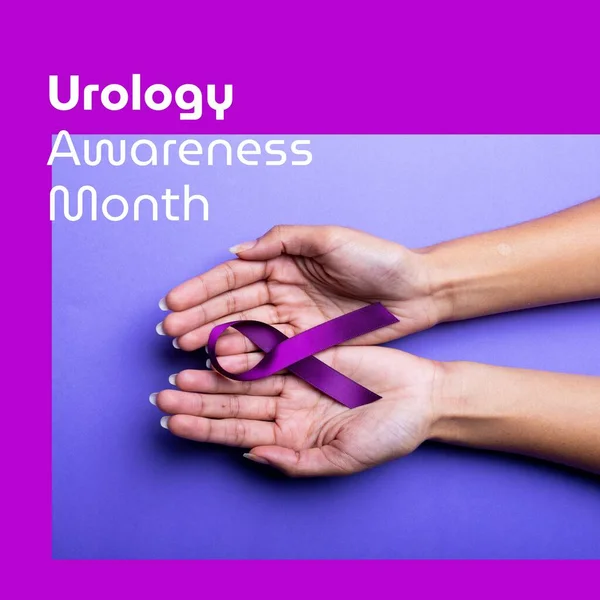Composite of urology awareness month over happy biracial woman\'s hands with purple ribbon. Urology awareness, health and prevention concept digitally generated image.