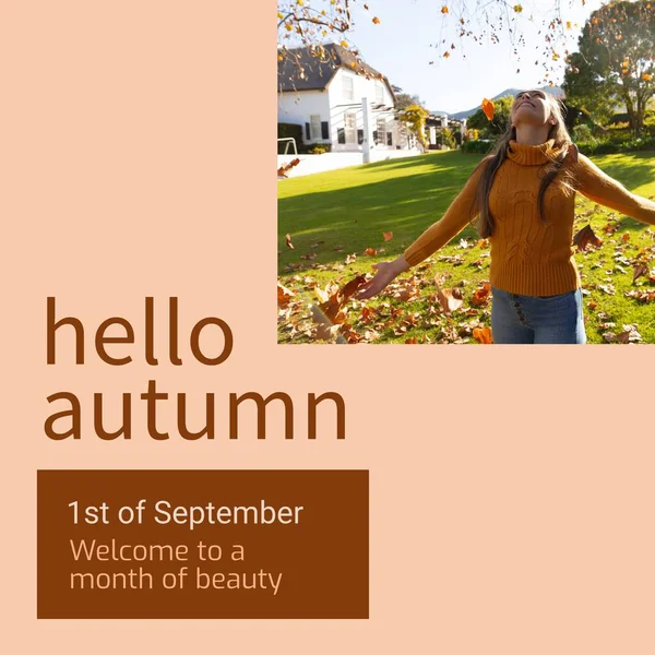 Composite Hello Autumn Text Happy Caucasian Woman Autumn Park Autumn — Stock Photo, Image