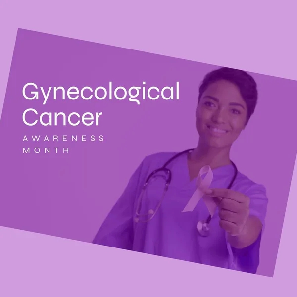 Zusammensetzung Des Gynäkologischen Krebsbewusstseins Monat Über Birassische Ärztin Mit Schleife — Stockfoto