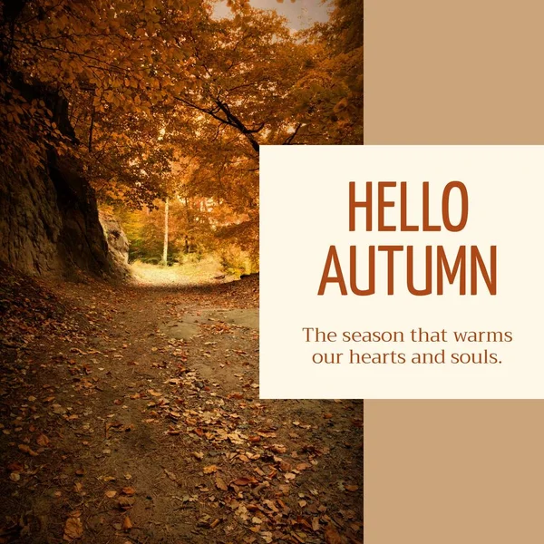 Σύνθετο Κείμενο Hello Φθινόπωρο Πάνω Από Φθινόπωρο Δάσος Φθινόπωρο Φθινόπωρο — Φωτογραφία Αρχείου