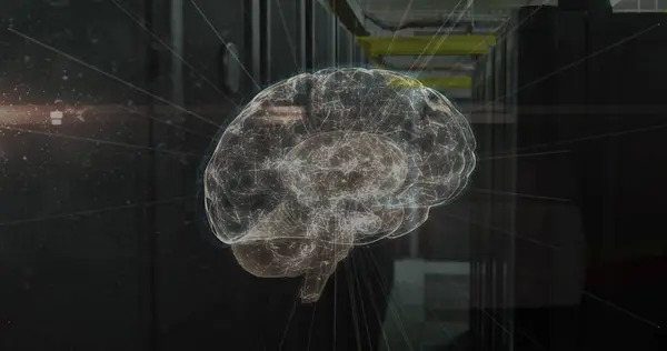 サーバールーム上の接続と脳のネットワークのイメージ グローバルテクノロジーとデジタルインターフェースのコンセプトデジタル生成画像 — ストック写真