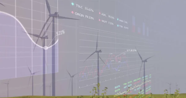 グラスランドの風車を回転させて処理する統計的 株式市場のデータのイメージ 世界経済と再生可能エネルギー技術のコンセプト — ストック写真