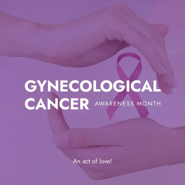Beyaz Kadın Eli Kurdele Üzerindeki Jinekolojik Kanser Farkındalığının Birleşimi Jinekolojik — Stok fotoğraf