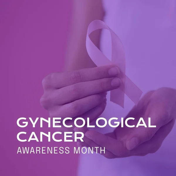 Composite of gynecological cancer awareness month over ribbon in caucasian woman\'s hand. Gynecological cancer awareness, woman\'s health and prevention concept digitally generated image.