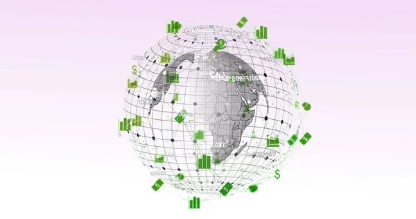 Image Network Digital Icons Spinning Globe Grey Background Global Networking — Stock Photo, Image