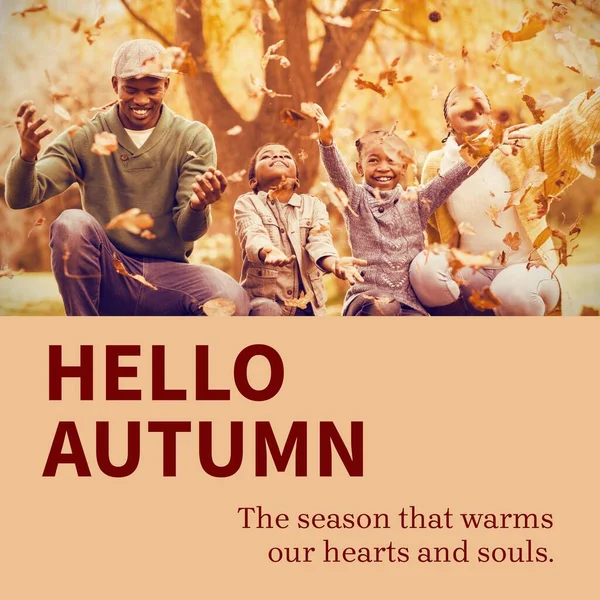 Kompozyt Powitalny Jesienny Tekst Nad Afrykańską Amerykańską Parą Synem Córką — Zdjęcie stockowe