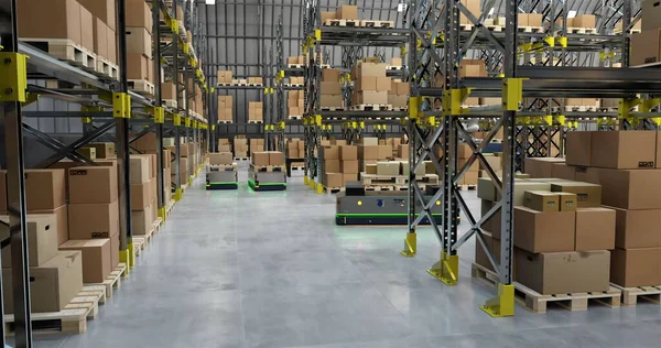 Obraz Robotów Dronów Pracujących Magazynie Globalna Koncepcja Transportu Dostawy Logistyki — Zdjęcie stockowe