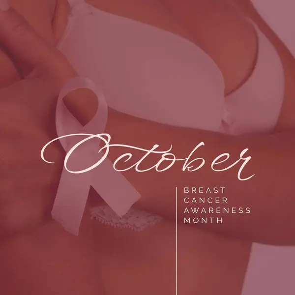 October breast cancer awareness month text over midsection of biracial woman holding ribbon. Breast cancer health awareness month campaign, digitally generated image.