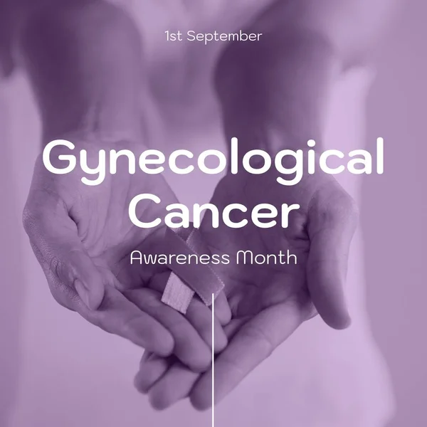Composite of gynecological cancer awareness month over caucasian woman holding ribbon. Gynecological cancer awareness, woman\'s health and prevention concept digitally generated image.
