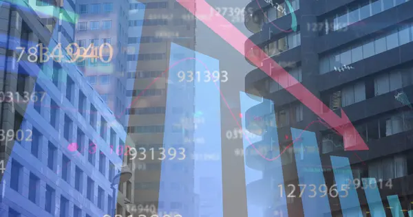 Image of changing numbers graphs with arrow over midsection of buildings against sky. Digital composite, multiple exposure, report, business, growth, direction and architecture concept.