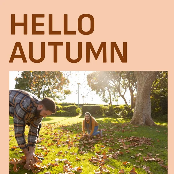 Composite Hello Autumn Text Happy Caucasian Couple Autumn Park Autumn — Stock Photo, Image