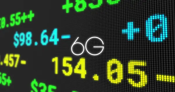 Image of 6g text banner over stock market data processing against black background. Global economy and business networking technology concept