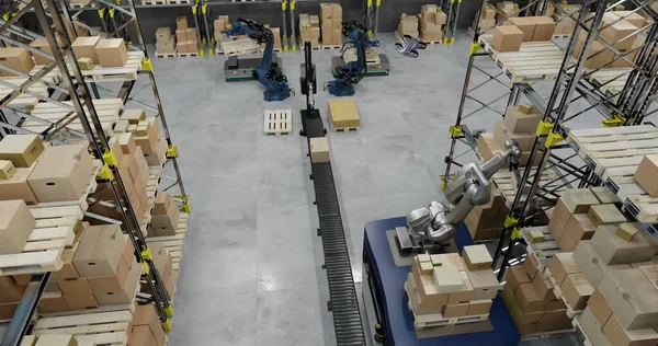 Obraz Robotów Dronów Pracujących Magazynie Globalna Koncepcja Transportu Dostawy Logistyki — Zdjęcie stockowe