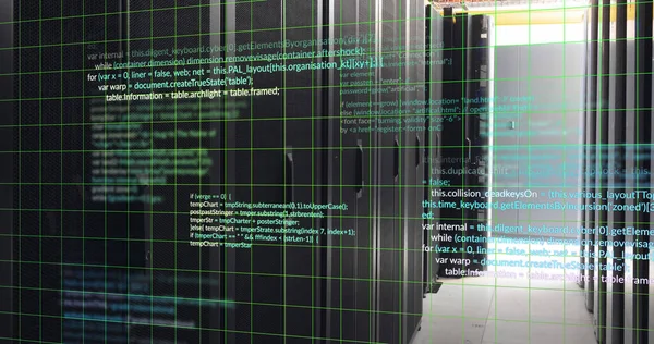 Image of grid pattern over computer language against server room in background. Digital composite, multiple exposure, three dimensional, coding, data center, networking, technology concept.
