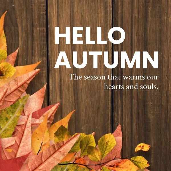 秋天的叶子在木制背景上与秋天的文字混合在一起 季节和自然美的概念数码生成的图像 — 图库照片