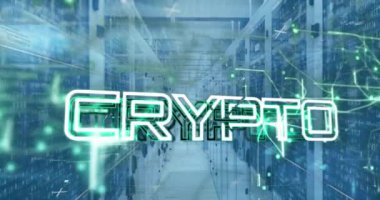 Bilgisayar sunucu odasına karşı şifreli mesaj pankartı ve yeşil ışık izleri animasyonu. Kripto para birimi ve iş veri depolama teknolojisi kavramı