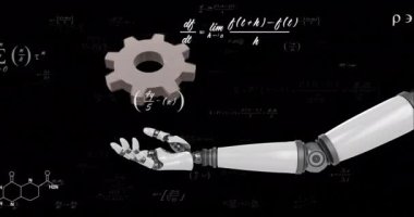 Matematiksel veri işleme üzerinde dişli ve robot kolu animasyonu. Küresel bilim, araştırma, hesaplama ve veri işleme kavramı dijital olarak oluşturulmuş video.