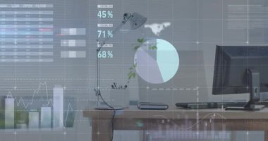 Ofis masasındaki ekipmanlarla istatistiksel veri işleme animasyonu. Bilgisayar arayüzü ve iş veri teknolojisi kavramı