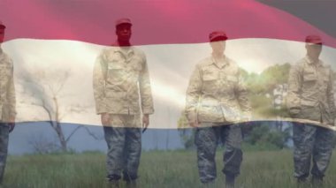 Çeşitli askerler üzerinde Hollanda bayrağının canlandırılması. Ulusal vatanseverlik, silahlı kuvvetler ve savunma konsepti dijital olarak oluşturulmuş video.