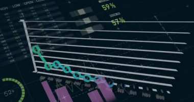 Siyah arkaplana karşı bilgi arayüzü üzerinden grafiklerin canlandırılması. Dijital olarak üretilen hologram, illüstrasyon, rapor, iş dünyası, büyüme, ilerleme, soyut ve küresel kavram.