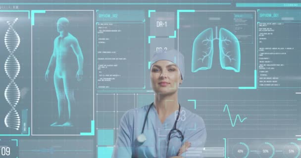 人間の表現のアニメーション 慎重な女性医師の立っている腕の上のDnaヘリックス デジタル複合 ヘルスケア 心臓リズム 解剖学 技術コンセプト — ストック動画