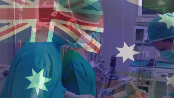 在不同的外科医生和为病人做手术的护士面前挥动澳大利亚国旗的动画 数字合成 多重曝光 团队精神和爱国主义概念 — 图库视频影像