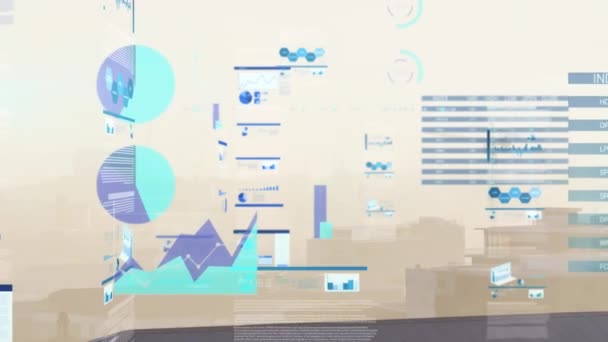 Animacja Wielu Wykresów Tablica Handlowa Nad Mgłą Pokrywała Pejzaż Miasta — Wideo stockowe