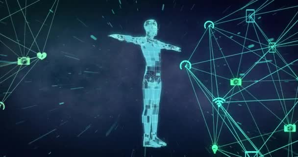 Animation Von Symbolnetzwerken Menschlicher Körper Über Datenverarbeitung Globale Wissenschaft Medizin — Stockvideo
