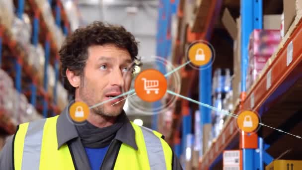Animation Network Digital Icons Caucasian Male Supervisor Checking Stock Warehouse — Stock Video