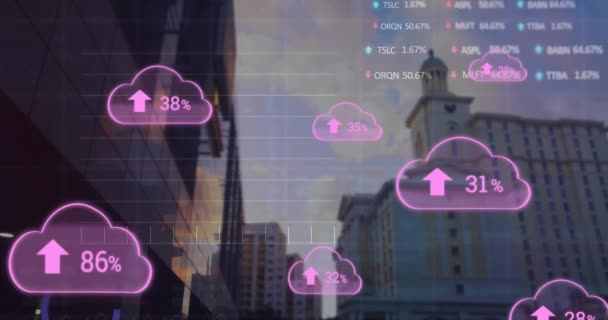 Yüksek Binalardaki Borsa Veri Işleme Oranına Sahip Bulut Simgelerinin Canlandırılması — Stok video