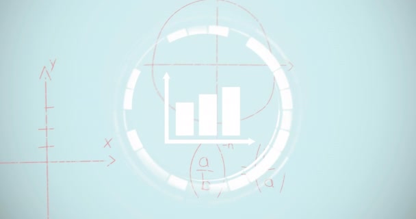 Анимация Значка Столбчатого Графа Над Математическими Уравнениями Плавающими Синем Фоне — стоковое видео