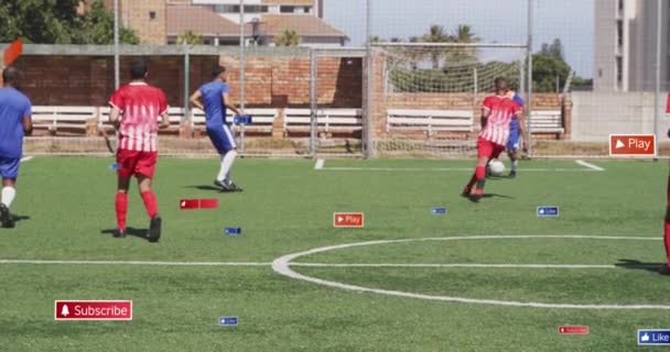 Animation Social Media Icons Diverse Male Soccer Players Playing Soccer — Stock Video