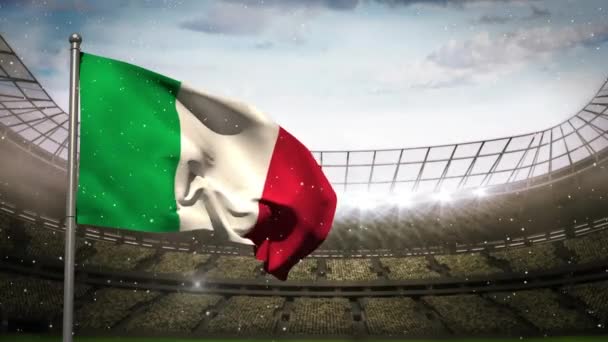 Animace Záblesků Kamer Bílých Částic Nad Vlnící Italskou Vlajkou Proti — Stock video