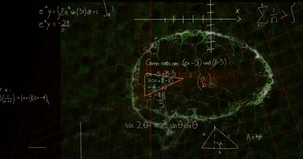 Анимация Математических Уравнений Диаграмм Над Цифровым Мозгом Человека Цифровая Голограмма — стоковое видео
