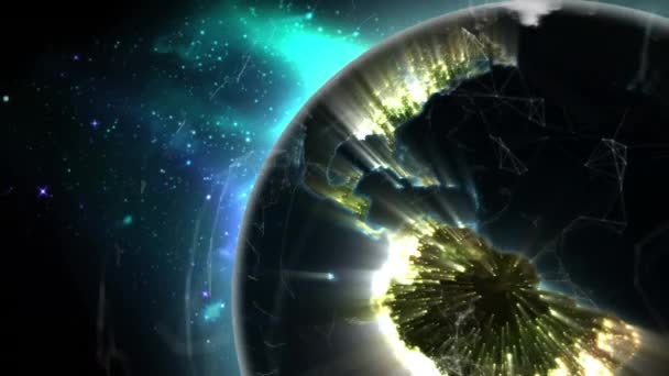 Анімація Світлових Стежок Над Обертовим Глобусом Космосі Концепція Глобальних Мереж — стокове відео