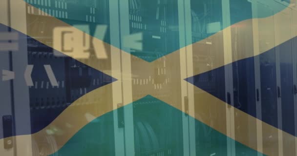 Animace Více Symbolů Jamajské Vlajky Nad Serverovou Místností Digitální Kompozitní — Stock video