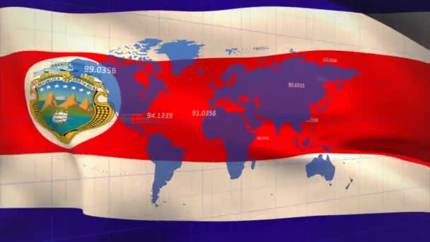 在世界地图上飘扬的数字的动画 与挥动的科斯塔里卡旗相对立 爱国主义和全球联网技术概念 — 图库视频影像