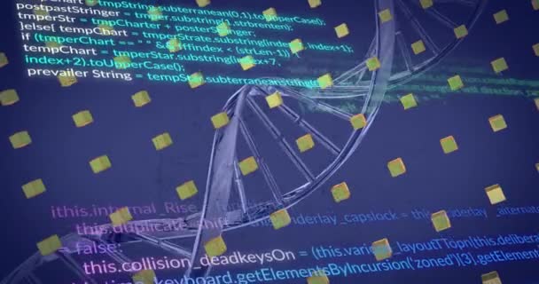 Animacja Helisy Dna Języka Komputerowego Ponad Sześcianów Abstrakcyjnym Tle Koncepcja — Wideo stockowe