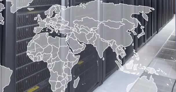 Animación Del Mapa Del Mundo Contra Sala Servidores Computadoras Concepto — Vídeos de Stock
