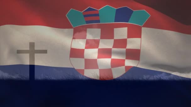 Animáció Hullámzó Horvát Zászló Ellen Sziluett Egy Kereszt Füves Földön — Stock videók