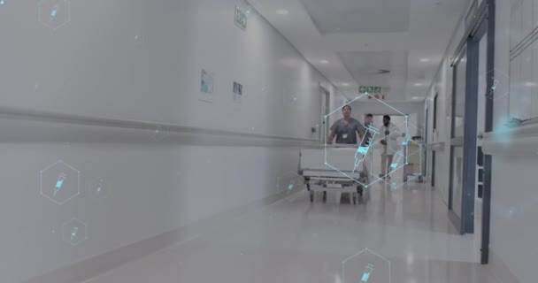 Animation Réseau Icônes Médicales Traitement Données Sur Divers Médecins Hôpital — Video