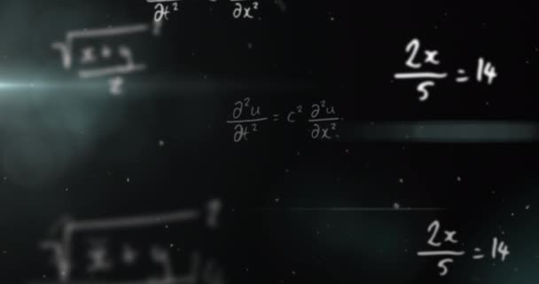 Animação Equações Matemáticas Manchas Luz Partículas Brancas Contra Fundo Preto — Vídeo de Stock